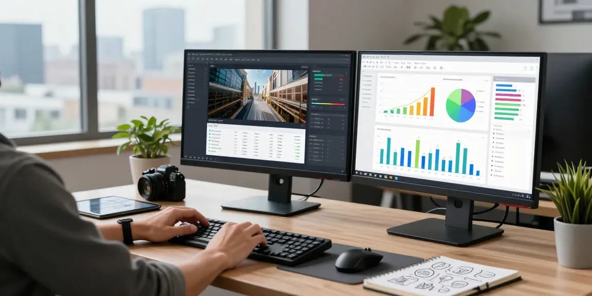 AI image detector interface on dual monitors in a modern workspace, showing analytics and image analysis tools.