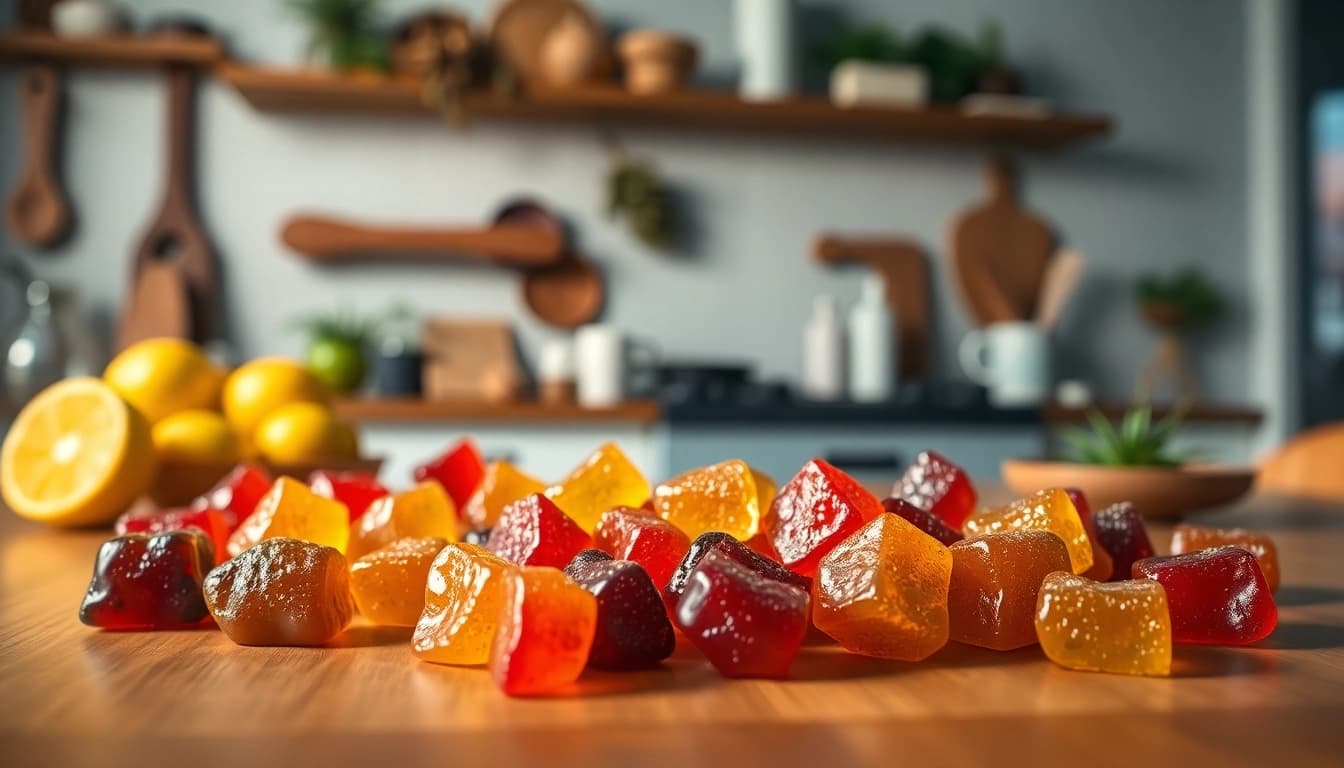 Indulge with vibrant Weed Gummies beautifully arranged in a cozy kitchen setting.