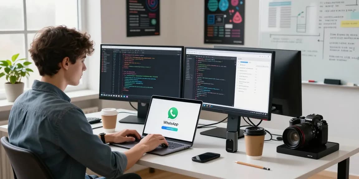 Developer working on WhatsApp下載 app interface in a modern workspace.