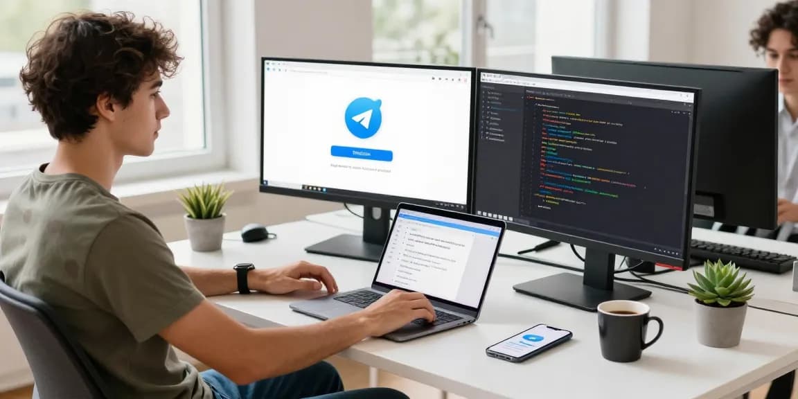 Developer engaging with telegram官网 on dual monitors in a modern workspace.