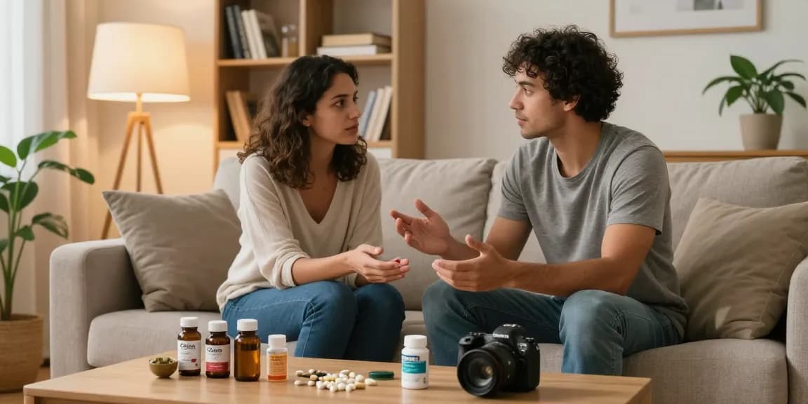 Cialis conversation between a couple discussing erectile dysfunction remedies in a cozy living room setting with natural supplements.