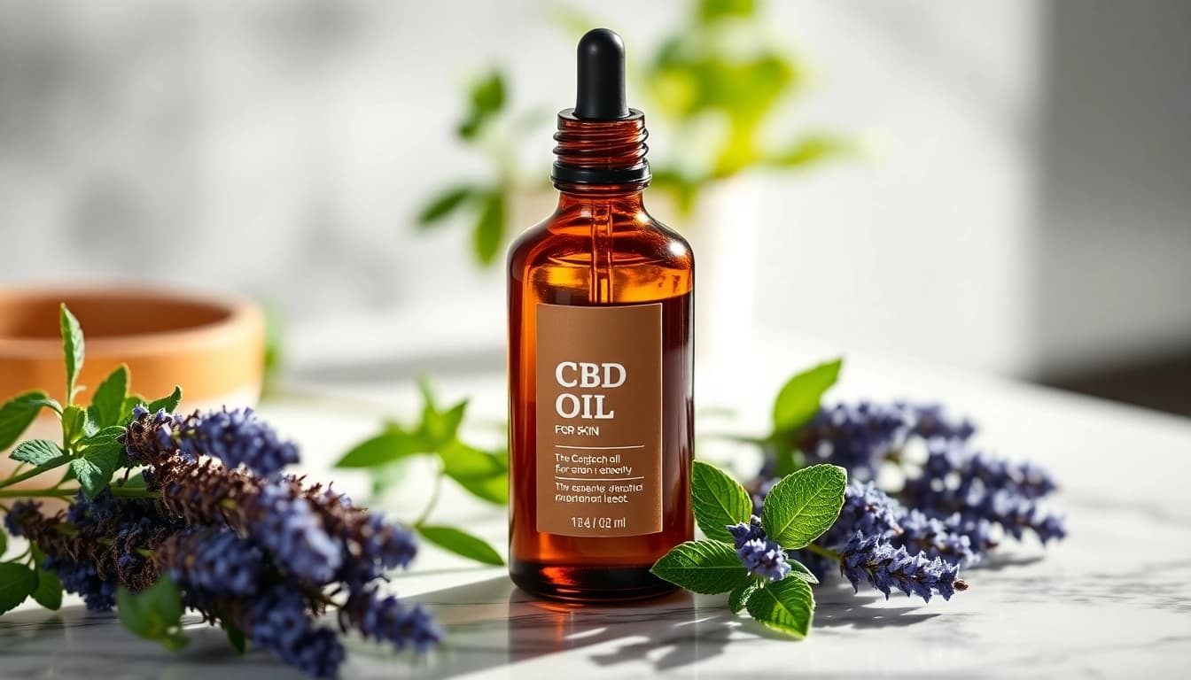 Apply CBD oil for skin from a stylish amber bottle against a serene botanical backdrop.