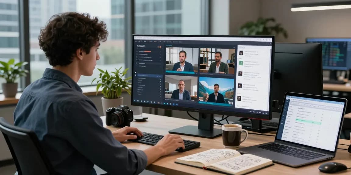 AI detector interface on dual monitors in a modern workspace
