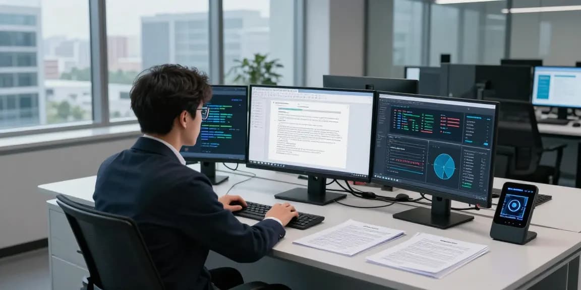Detect PDF fraud with advanced AI technology in a forensic analysis lab, showcasing document verification tools and data visualizations.