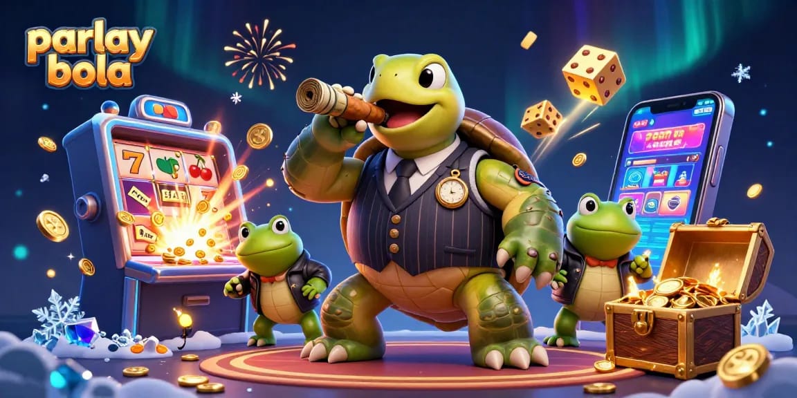 Bet on parlay bola with a dynamic 3D scene featuring a turtle mobster and rich casino elements.