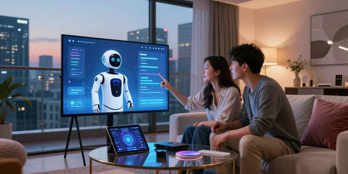 Couple interacting with a sex bot interface on a smart screen in a modern apartment, showcasing contemporary lifestyle and technology.
