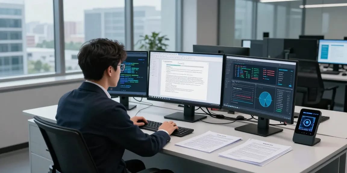 Detect PDF fraud with advanced AI technology in a forensic analysis lab, showcasing document verification tools and data visualizations.
