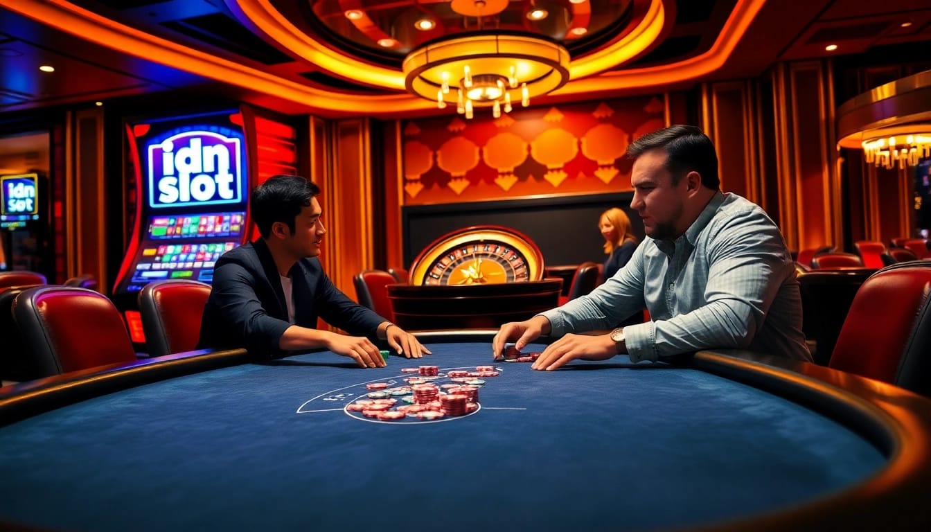 Engage in thrilling idn slot games at a vibrant casino with colorful chips and illuminated machines.
