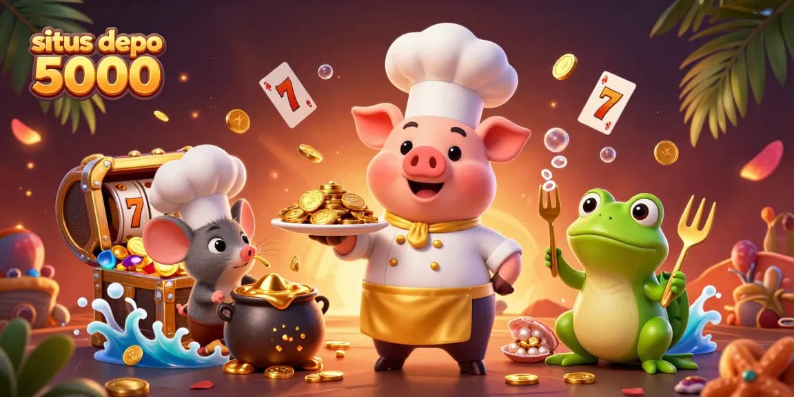 P permainan menarik pada situs depo 5000 dengan karakter lucu dari koki babi, tikus, dan katak dalam ilustrasi 3D.