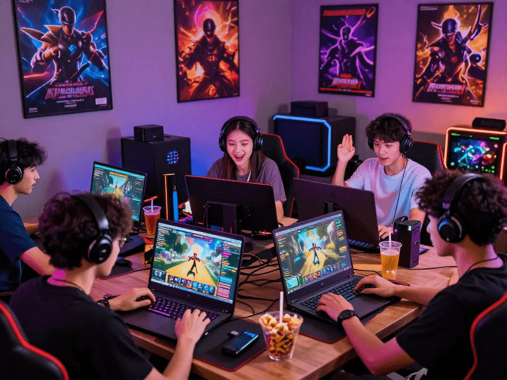 Engaged players enjoying porngame sessions on multiple devices in a vibrant gaming lounge.