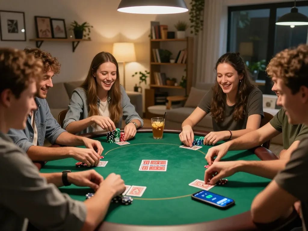 Friends enjoying a lively poker game with the USBET app open on smartphone, showcasing a fun home gaming environment.