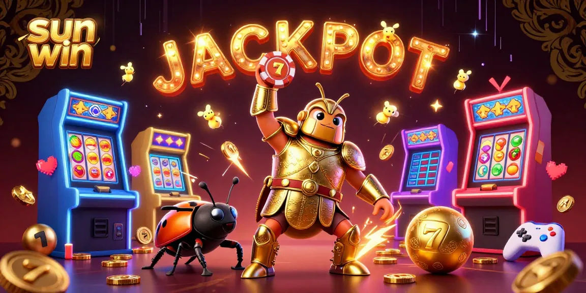 Experience exciting gaming with sun win, where a victorious hercules beetle celebrates in a vibrant casino.