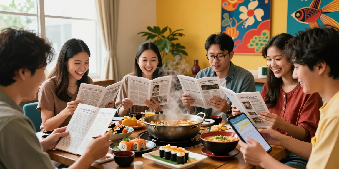 Engaged group exploring Asian culture on https://hanadultalk.com with vibrant dishes in a lively atmosphere.