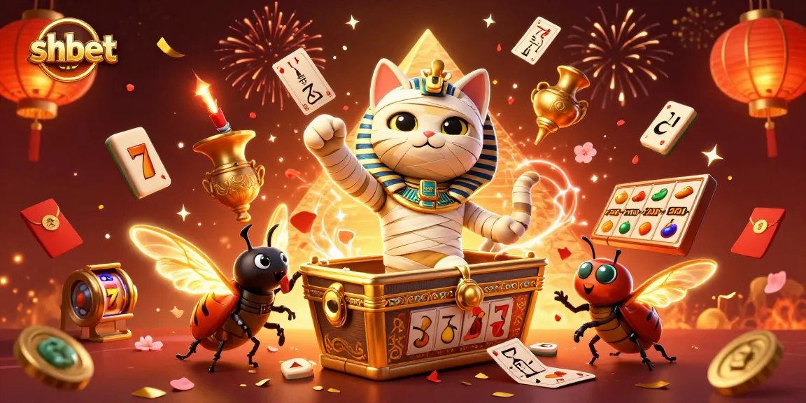 Engage with shbet in a vibrant 3D gaming scene featuring a mummy cat, jackpot elements, and fortune symbols.