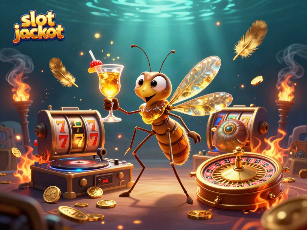 Engage with slot jackpot excitement through a lively 3D illustration featuring casino elements and dynamic characters.