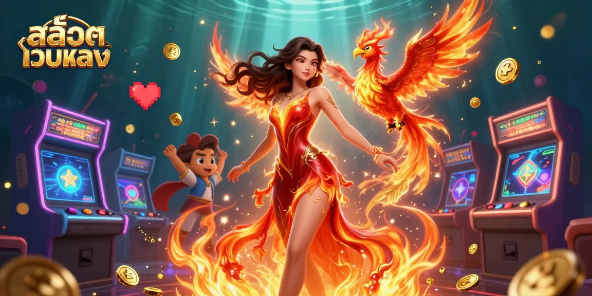 Win with สล็อตเว็บตรง: Engage with a vibrant casino gaming scene featuring exciting elements and characters.
