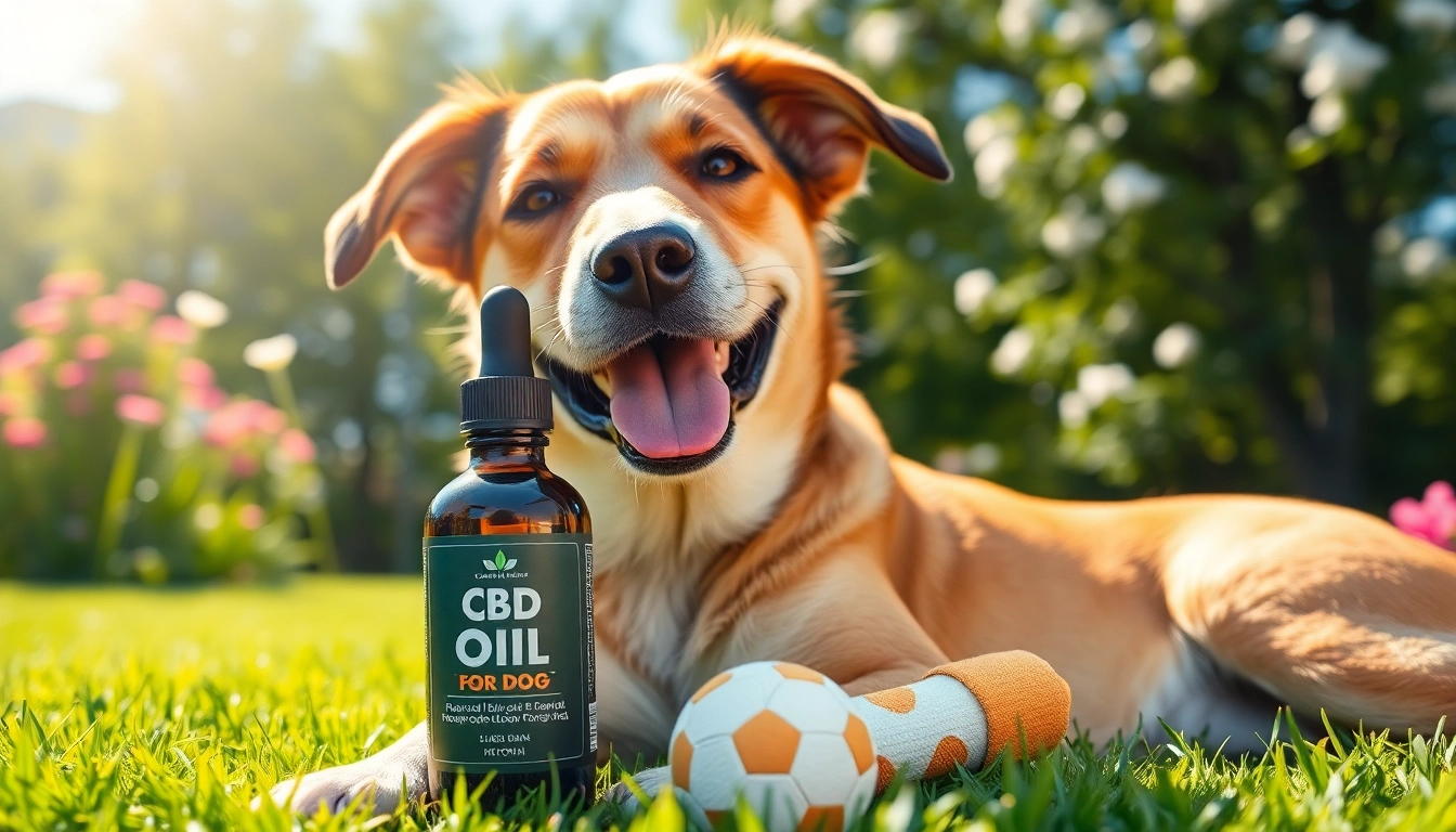 Dog in a sunny park very happily next to CBD Oil For Dog, promoting pet wellness and relaxation.