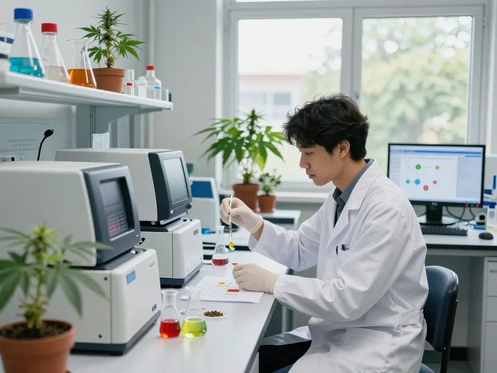 EU cannabinoid manufacturer lab researcher examining cannabinoid samples with advanced scientific equipment, innovative atmosphere.