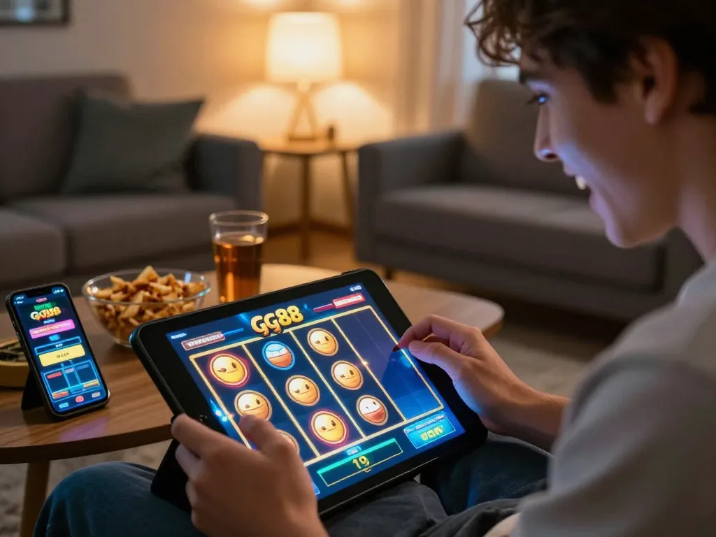 Engaging experience playing gg88 slot on a tablet in a cozy home setting