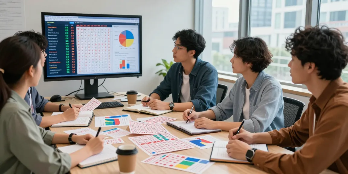 Analisis angka togel syair menang dengan tim di ruangan modern, menampilkan grafik dan pola data.