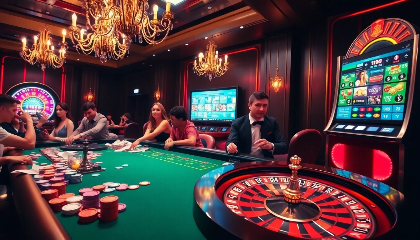 Engaging scene depicting Australia migration agent amidst a vibrant casino atmosphere, showcasing roulette, cards, and excitement.