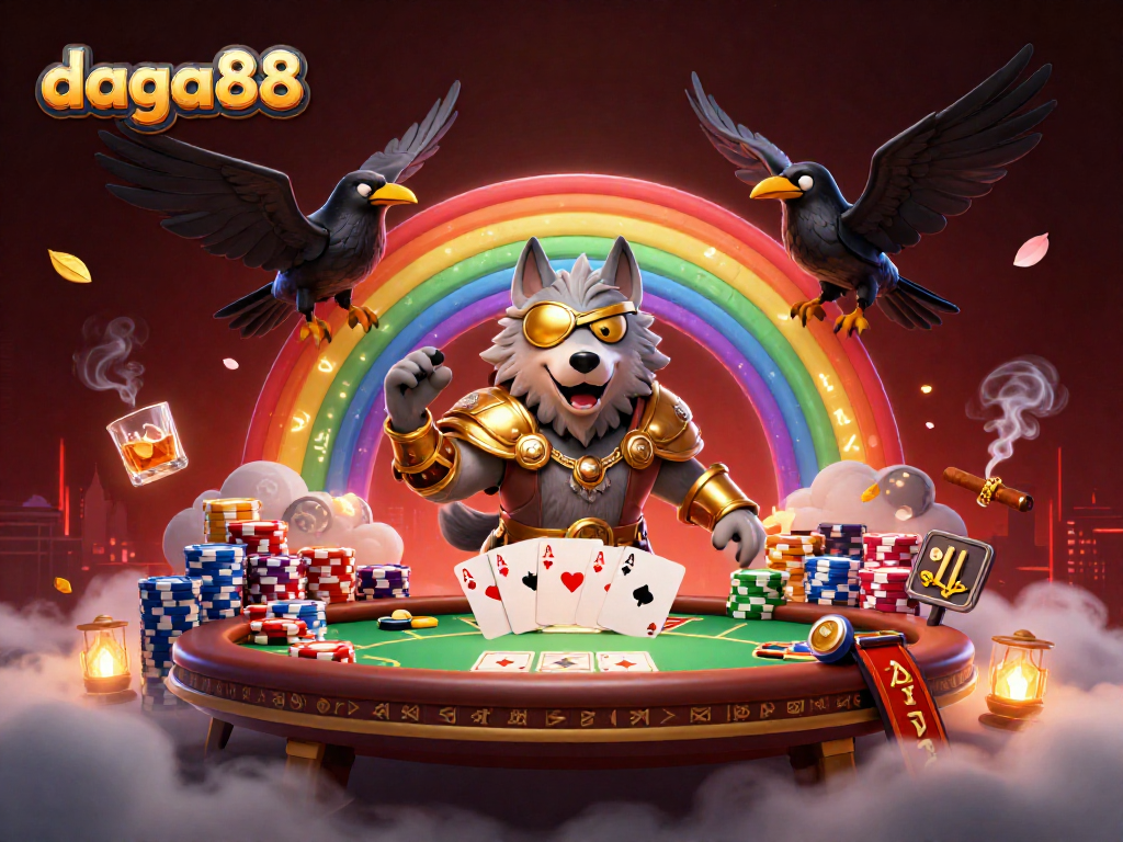 Engage with daga88's thrilling action, featuring a Norse wolf and ravens amidst a colorful casino scene.