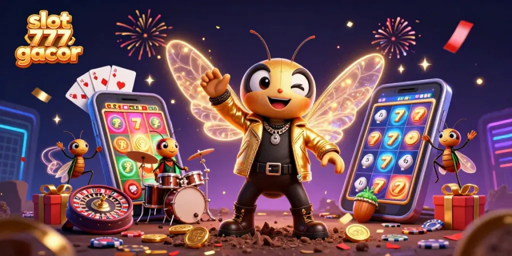Menangkan slot 777 gacor dengan ilustrasi slot online penuh warna, menampilkan cicada rocker dan drummer