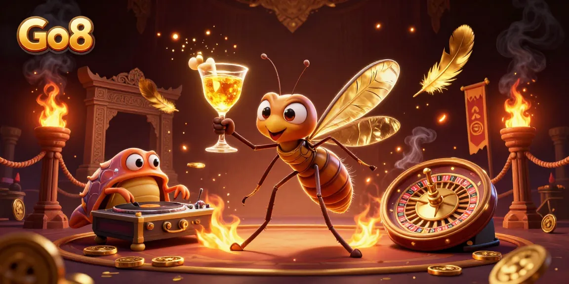Engage with Go8's immersive casino experience featuring a lively mascot, DJ, and roulette wheel.
