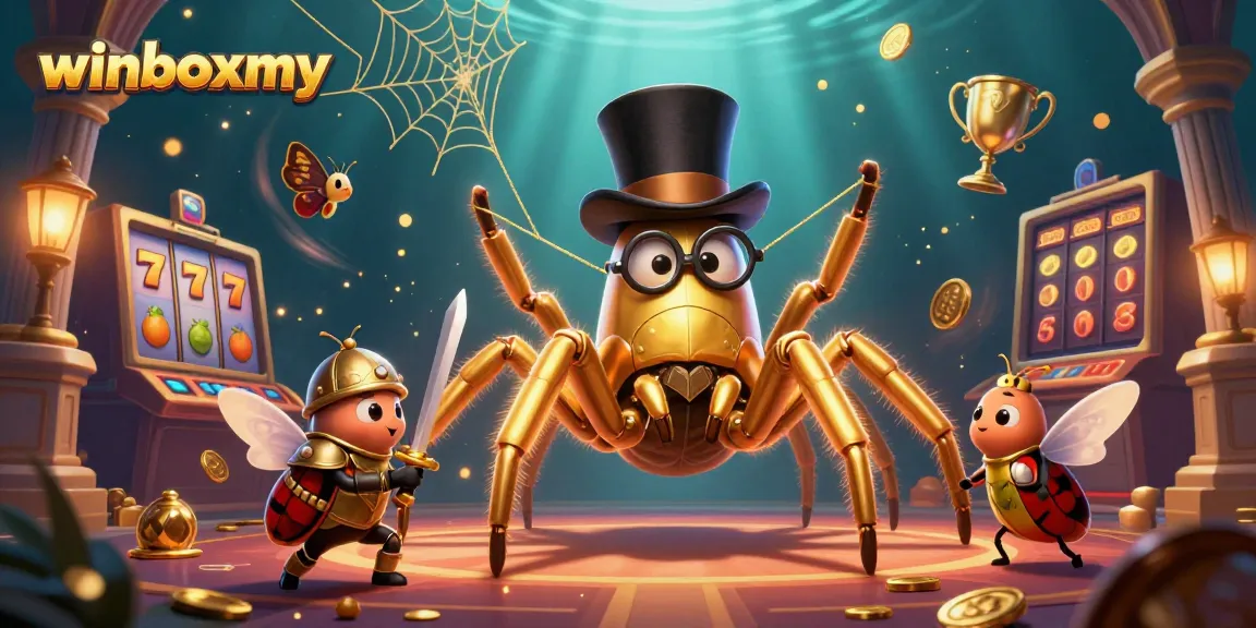 Engage with winboxmy's thrilling slot games, illustrated with vibrant characters and casino symbols.