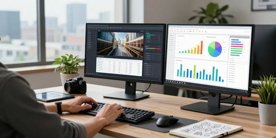 AI image detector interface on dual monitors in a modern workspace, showing analytics and image analysis tools.