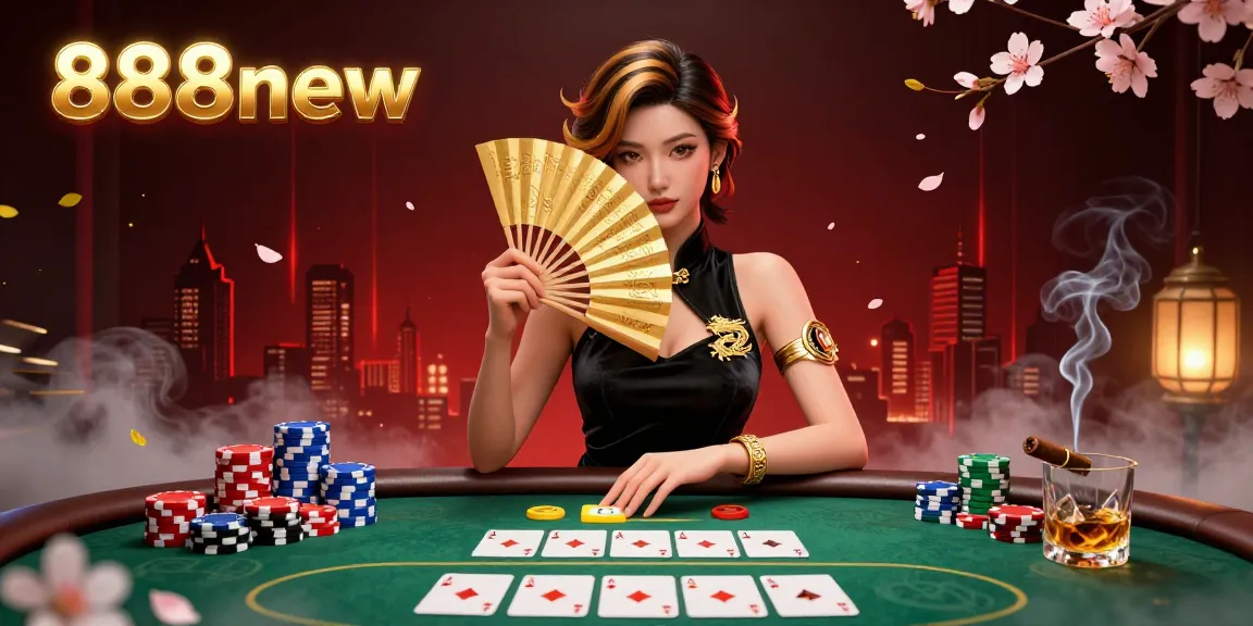 Engage with 888new's vibrant casino scene featuring dynamic poker action and an elegant Asian woman.
