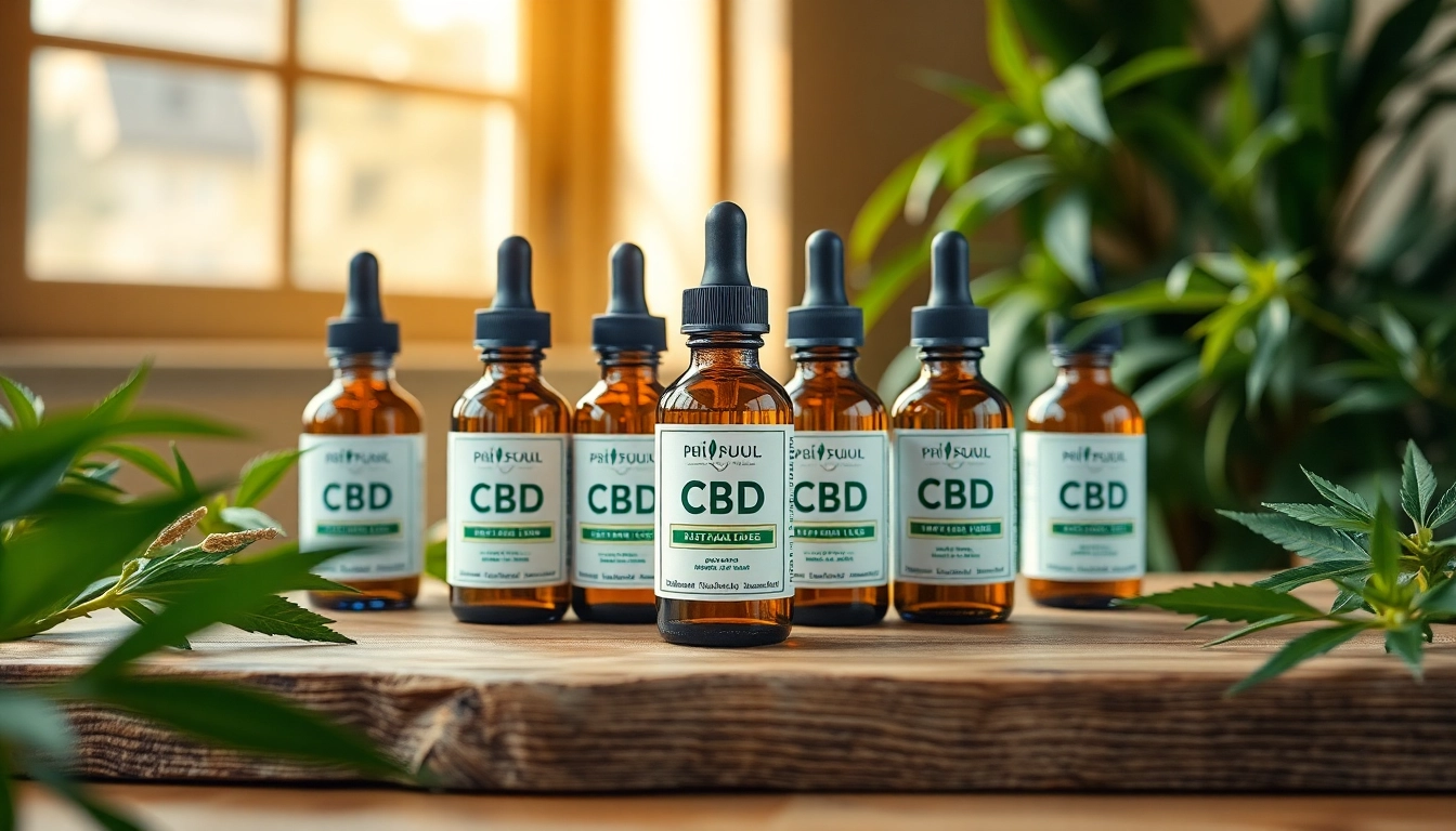 bluetenbande CBD-Öle in eleganten Flaschen auf einem minimalistischen Tisch mit grünem Blätterwerk.