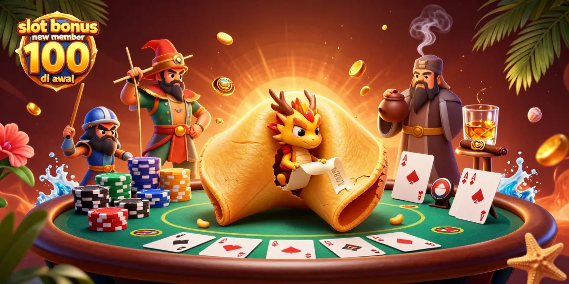 slot bonus anggota baru 100 di awal dengan ilustrasi 3D unik yang menunjukkan cookie keberuntungan dan elemen perjudian kasino