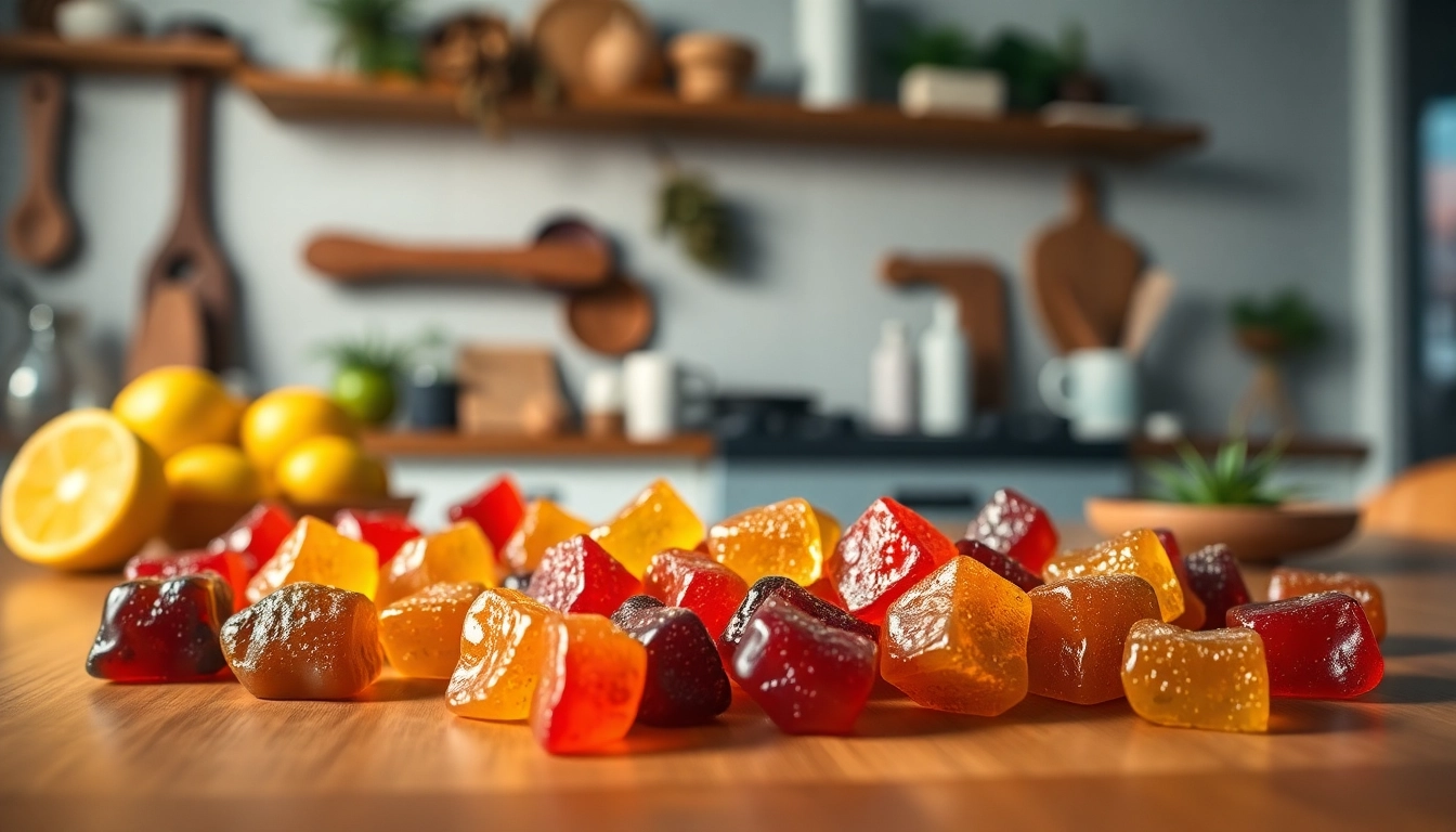 Indulge with vibrant Weed Gummies beautifully arranged in a cozy kitchen setting.