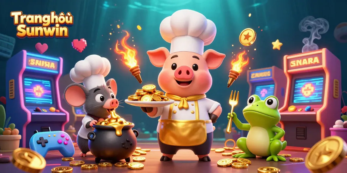Join the excitement at Trang chủ Sunwin with a 3D chef pig, sous-chef mouse, and critic frog in a lively casino setting.