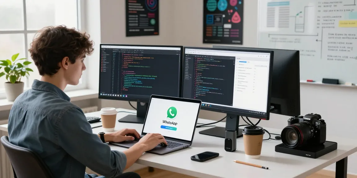 Developer working on WhatsApp下載 app interface in a modern workspace.
