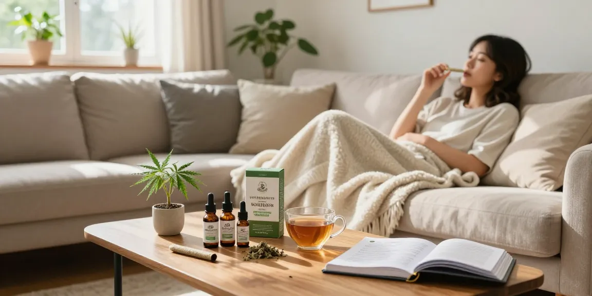 Pre rolled joints and CBD oil on a cozy living room table, promoting natural wellness.