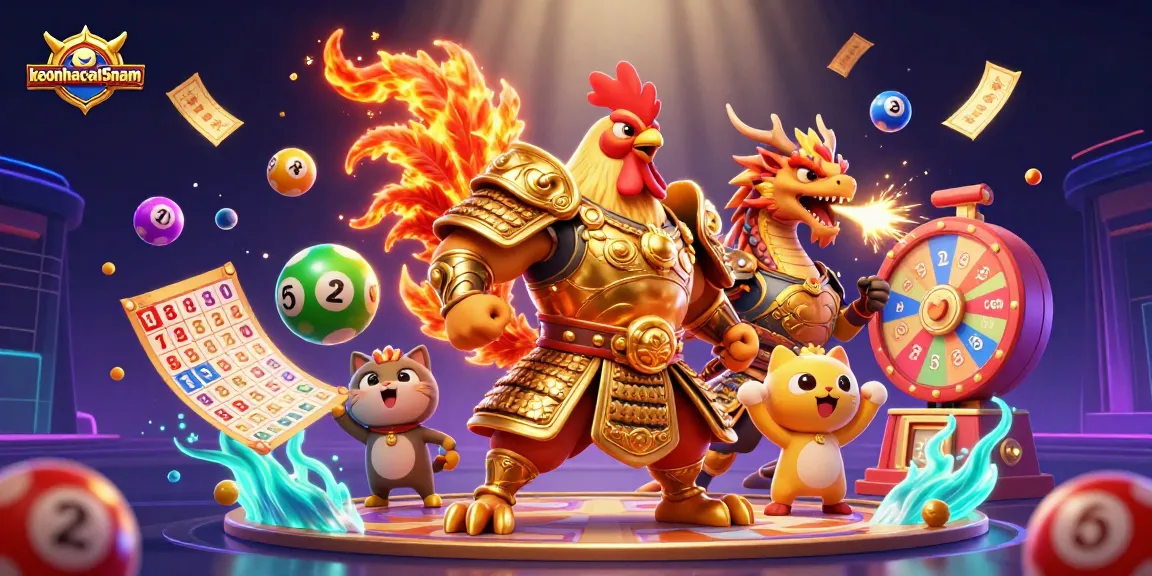 Experience the thrills of keonhacai5nam with our vibrant 3D illustration of a fighting rooster and a dragon warrior.