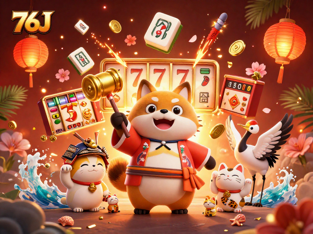 76J: ilustração 3D de cassino com tanuki, gato da sorte e elementos de slot.