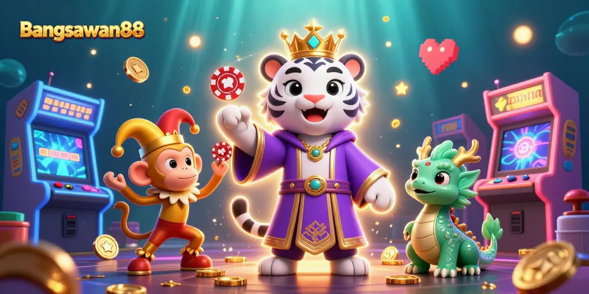 Bangsawan88 offers an exciting experience with a playful scene featuring a tiger, monkey, and dragon amidst casino elements.