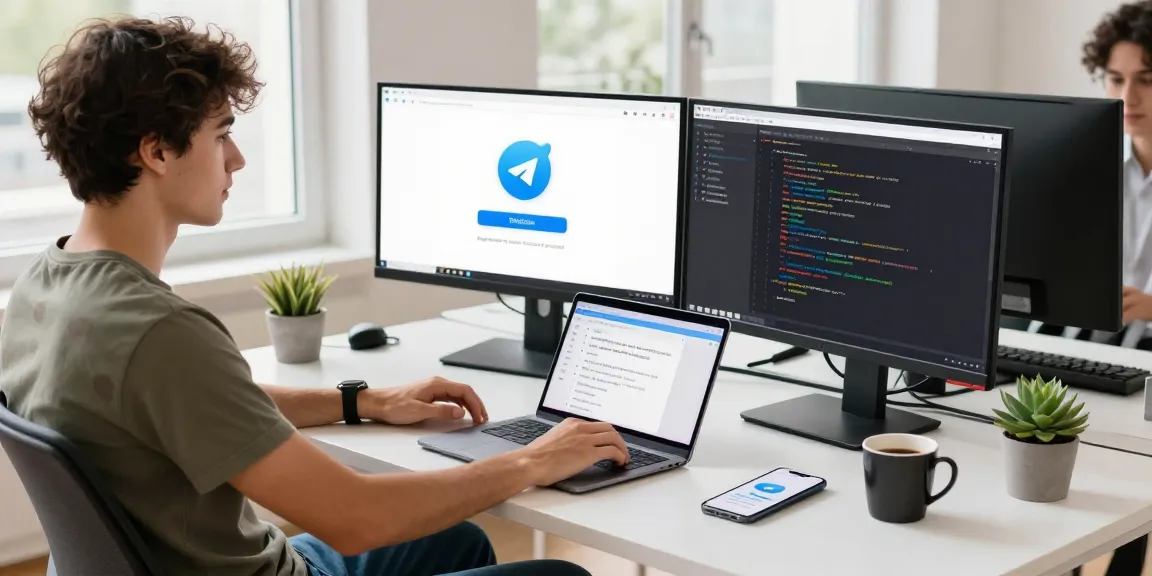 Developer engaging with telegram官网 on dual monitors in a modern workspace.