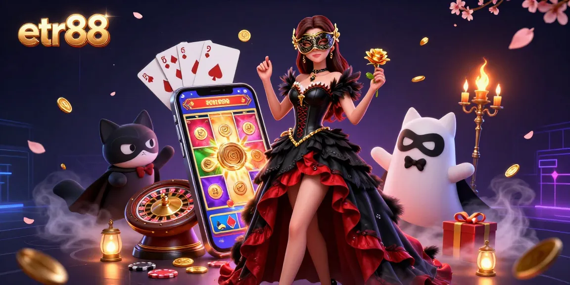 Experience the excitement of etr88 with stunning characters and dynamic casino elements in this 3D illustration.