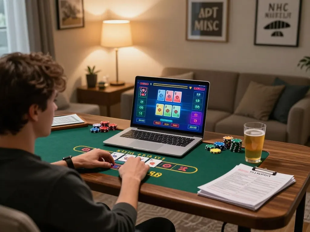 Engaging in strategic online blackjack at home with 388bet, showcasing laptop gameplay.