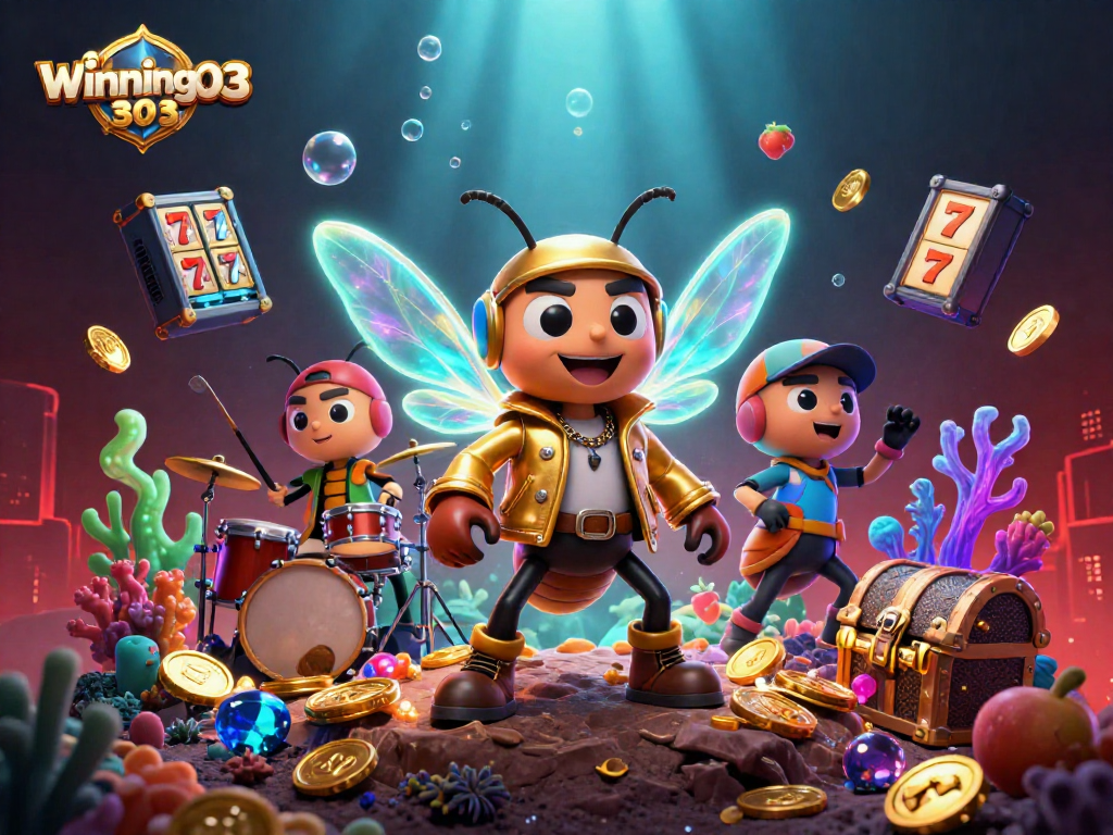 Winning303 transforms the casino scene with a vibrant rock star cicada and dynamic game elements.