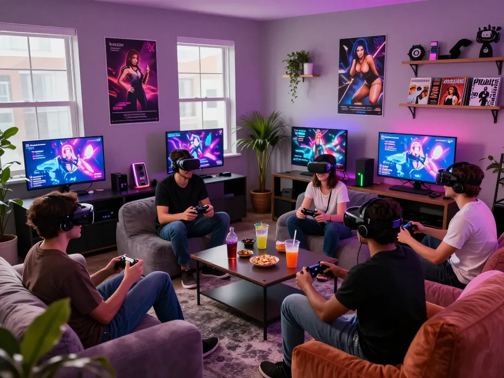 Engaged group enjoying sex games online in a vibrant gaming lounge.