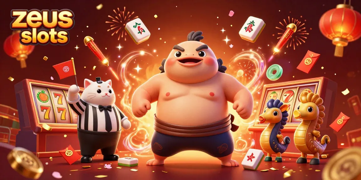 Experience the excitement of zeus slots in a vibrant 3D illustration filled with characters and festive elements.
