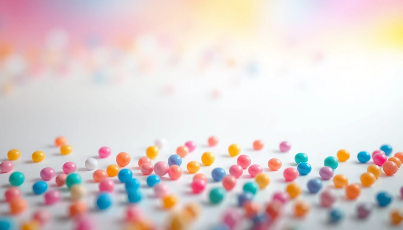 Playful arrangement of psilly dots in vibrant colors on a white background.