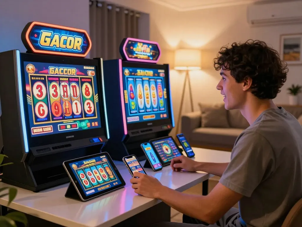 Engaged player enjoying a slot gacor game at home on a tablet, colorful digital displays highlighting the excitement.