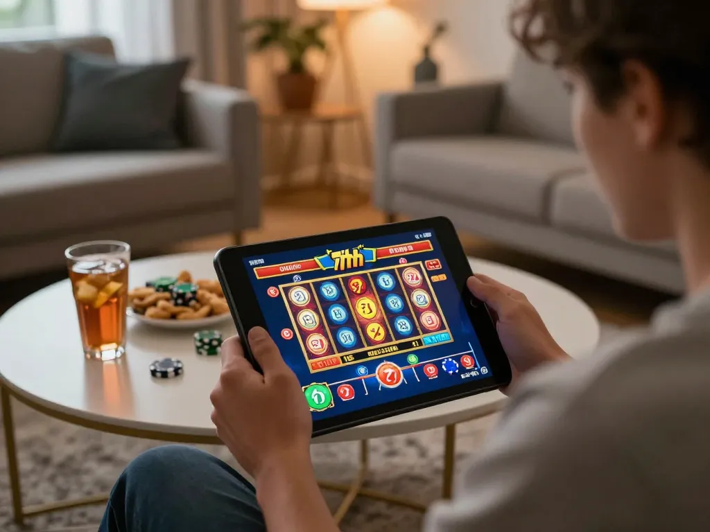 Engaged player exploring the 7hh online casino platform on a tablet, highlighting immersive gaming experience.