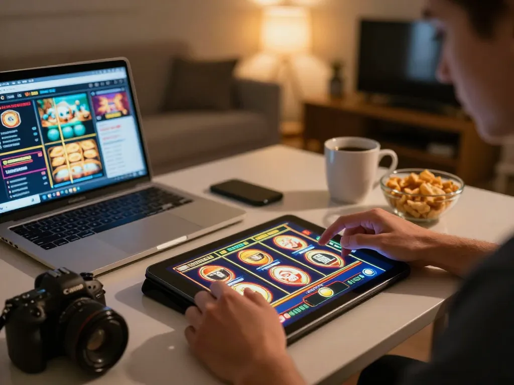 Engaging in a slot deposit 10 ribu game on a tablet, enriching online gambling experience.